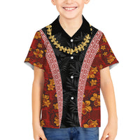 Hawaii Lei and Hibiscus Flowers Tribal Family Matching Off Shoulder Short Dress and Hawaiian Shirt Patchwork Abstract Vintage LT03 Son's Shirt Red - Polynesian Pride