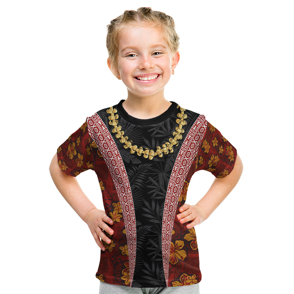 Hawaii Lei and Hibiscus Flowers Tribal Kid T Shirt Patchwork Abstract Vintage LT03 Red - Polynesian Pride