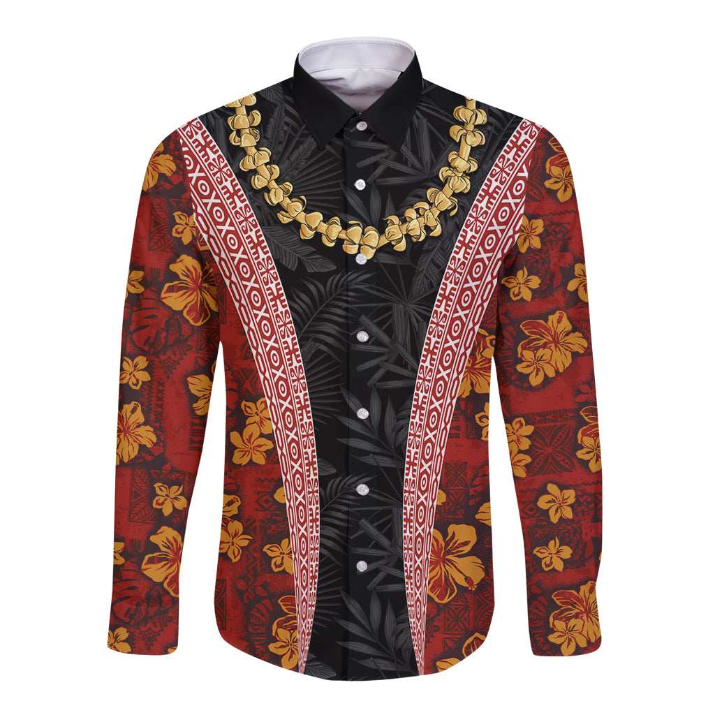 Hawaii Lei and Hibiscus Flowers Tribal Long Sleeve Button Shirt Patchwork Abstract Vintage