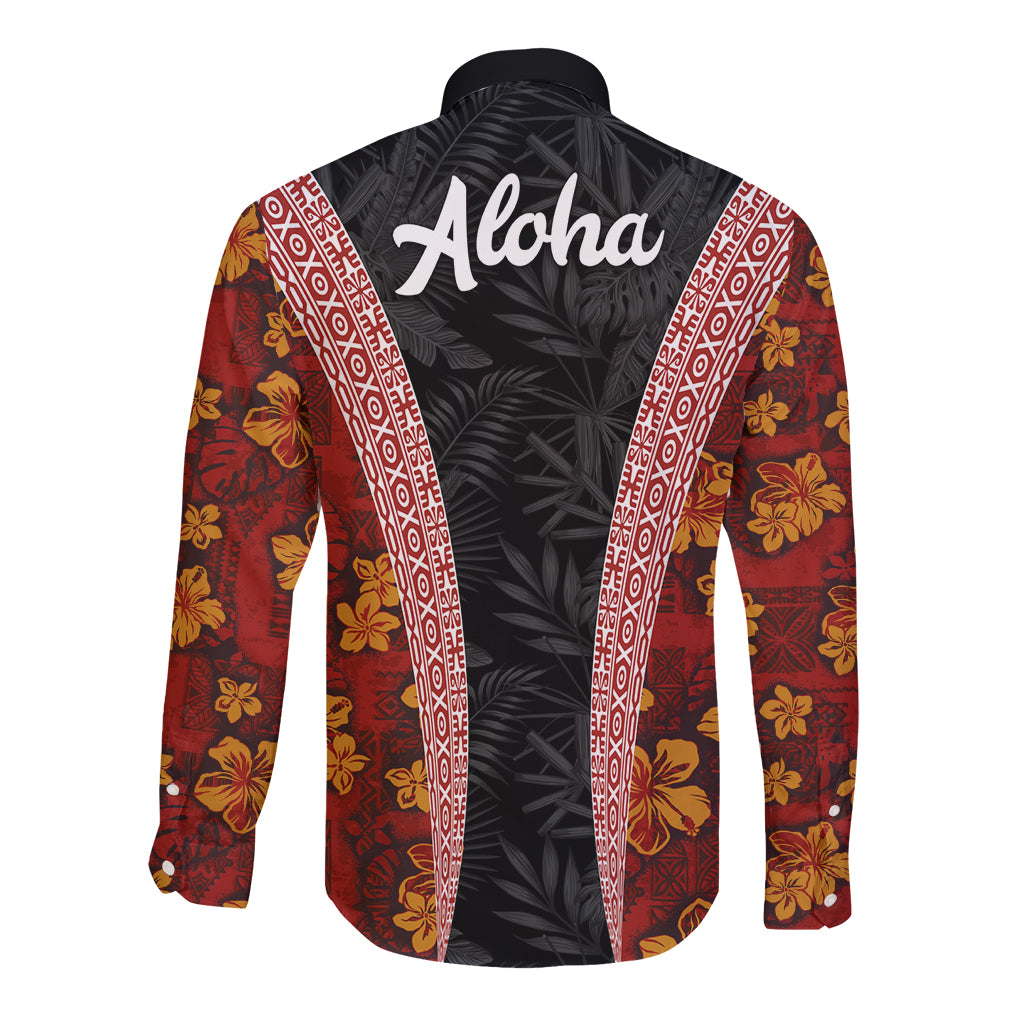 Hawaii Lei and Hibiscus Flowers Tribal Long Sleeve Button Shirt Patchwork Abstract Vintage