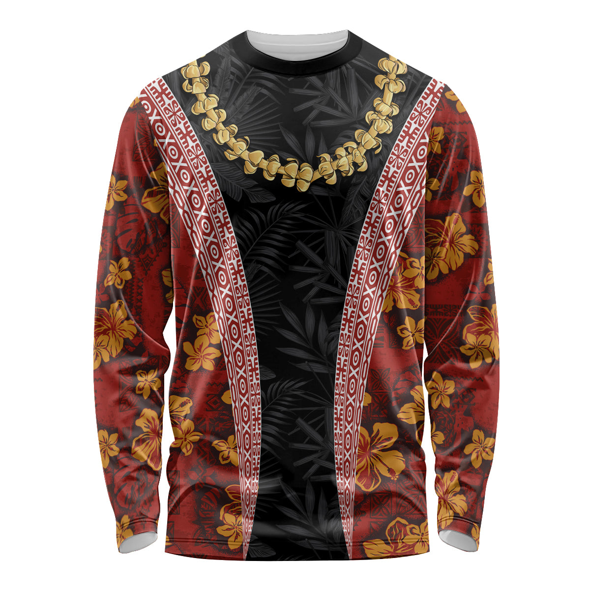 Hawaii Lei and Hibiscus Flowers Tribal Long Sleeve Shirt Patchwork Abstract Vintage LT03 Unisex Red - Polynesian Pride