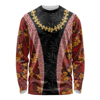 Hawaii Lei and Hibiscus Flowers Tribal Long Sleeve Shirt Patchwork Abstract Vintage LT03 Unisex Red - Polynesian Pride