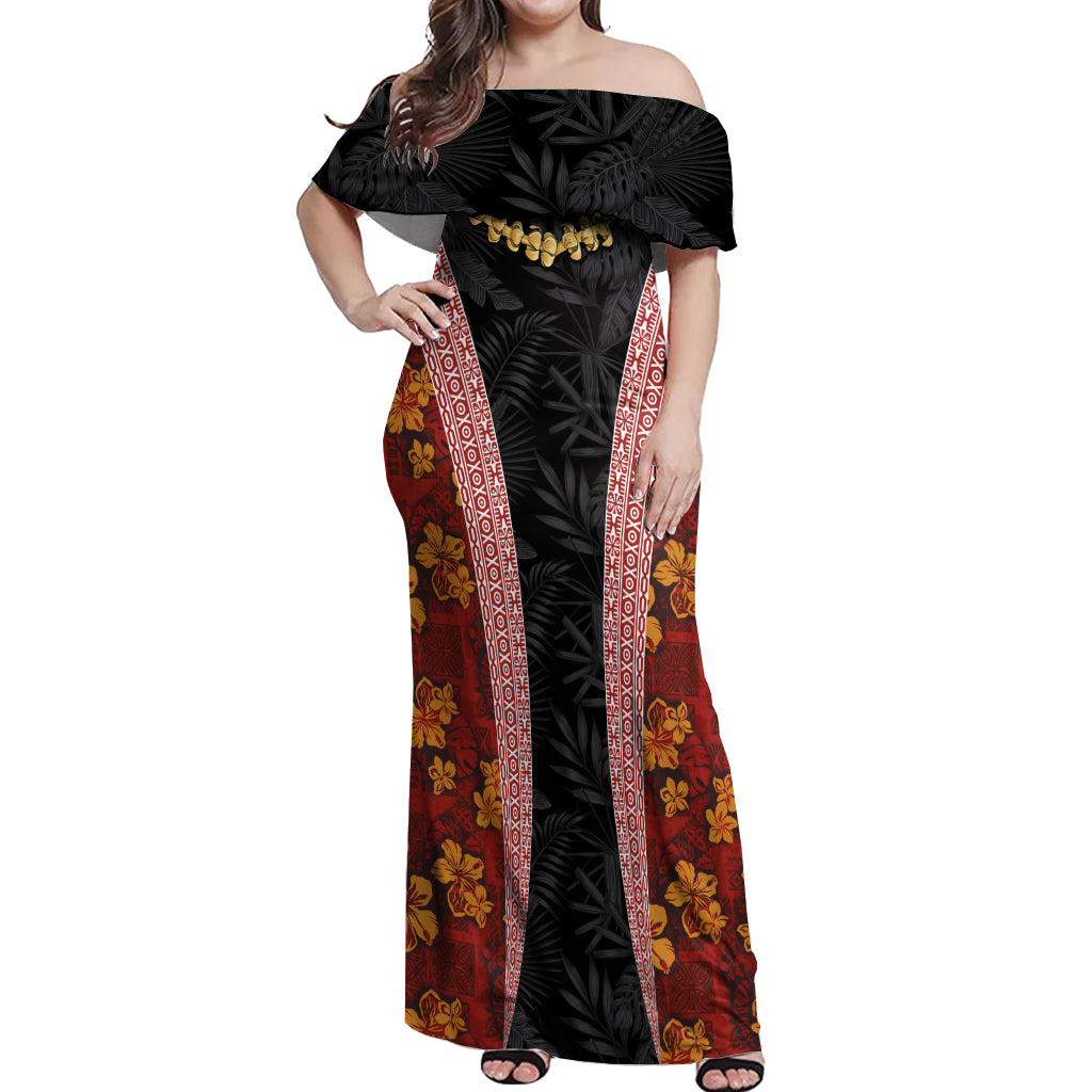 Hawaii Lei and Hibiscus Flowers Tribal Off Shoulder Maxi Dress Patchwork Abstract Vintage