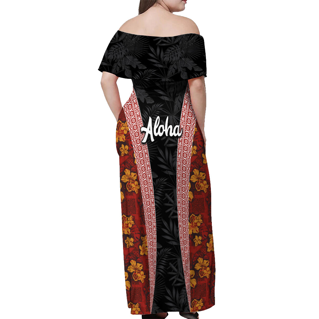 Hawaii Lei and Hibiscus Flowers Tribal Off Shoulder Maxi Dress Patchwork Abstract Vintage