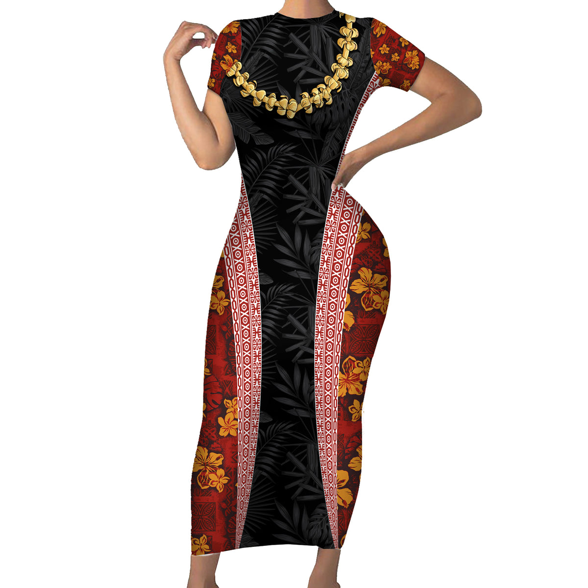 Hawaii Lei and Hibiscus Flowers Tribal Short Sleeve Bodycon Dress Patchwork Abstract Vintage LT03 Long Dress Red - Polynesian Pride
