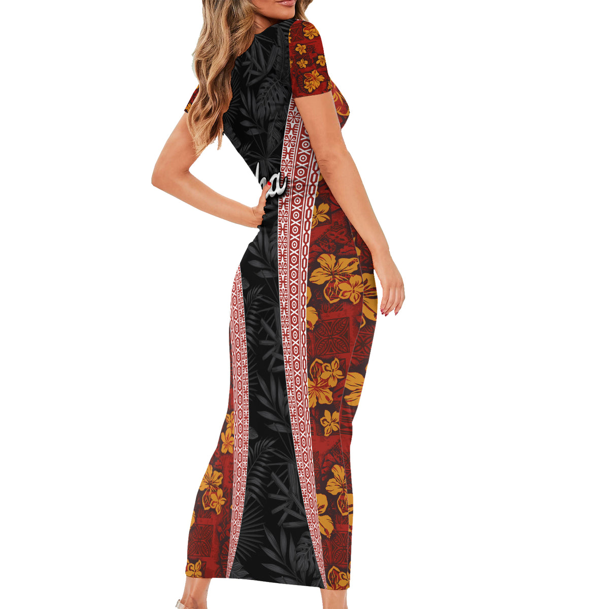 Hawaii Lei and Hibiscus Flowers Tribal Short Sleeve Bodycon Dress Patchwork Abstract Vintage LT03 - Polynesian Pride