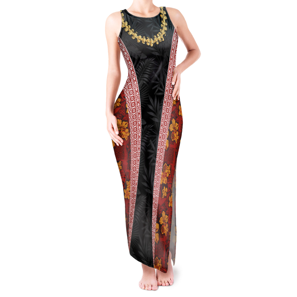 Hawaii Lei and Hibiscus Flowers Tribal Tank Maxi Dress Patchwork Abstract Vintage