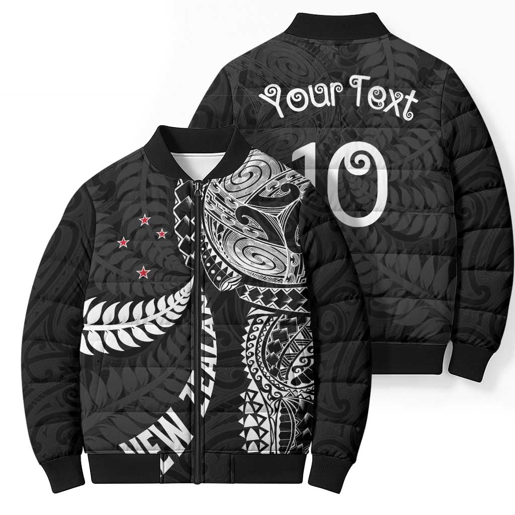 Aotearoa Volleyball Custom Bomber Puffer Jacket Silver Ferns and Maori Tribal Black