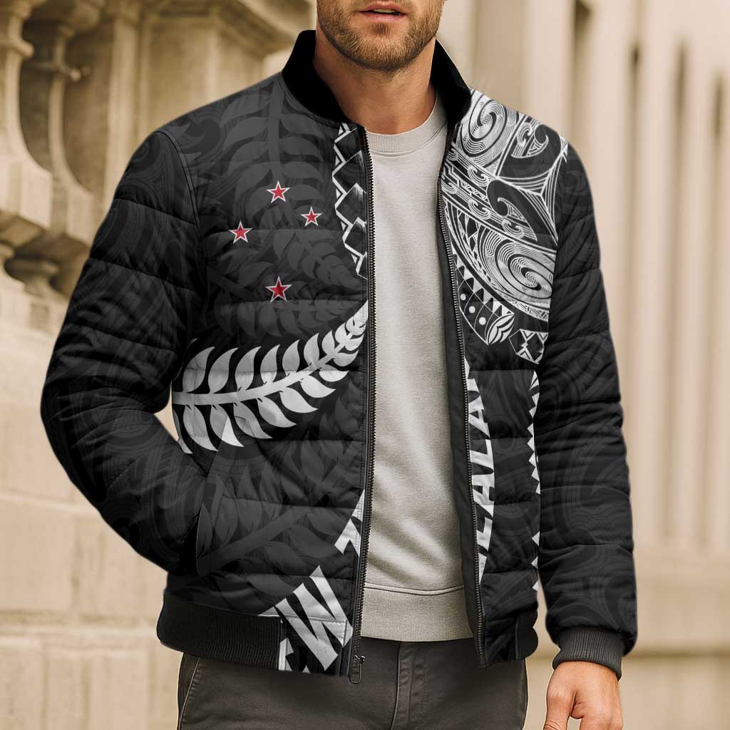 Aotearoa Volleyball Custom Bomber Puffer Jacket Silver Ferns and Maori Tribal Black