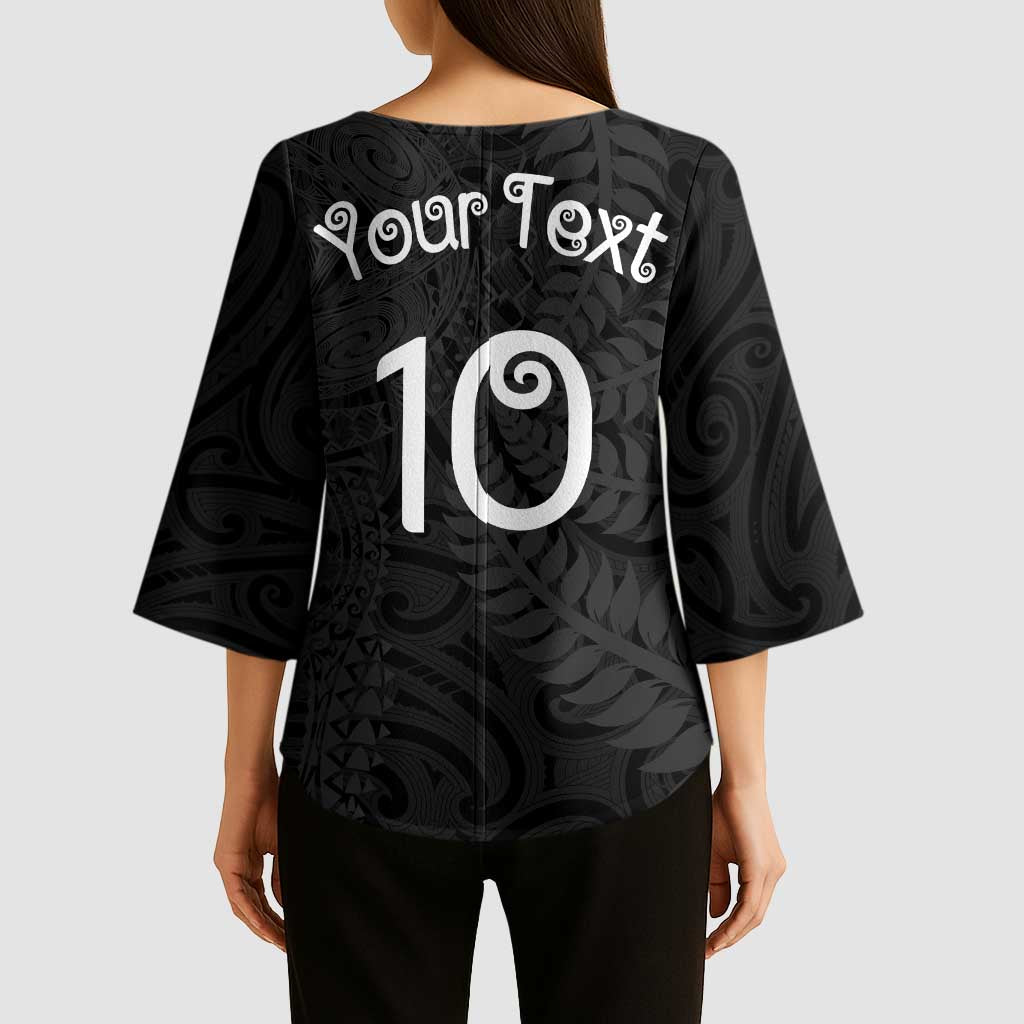 Aotearoa Volleyball Custom Kimono Sleeve Blouse Silver Ferns and Maori Tribal Black