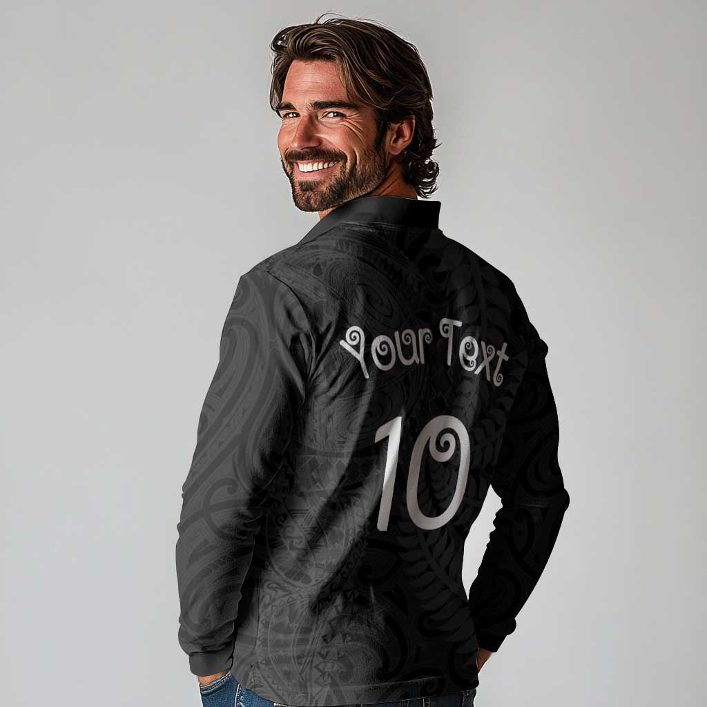 Aotearoa Volleyball Custom Long Sleeve Polo Shirt Silver Ferns and Maori Tribal Black