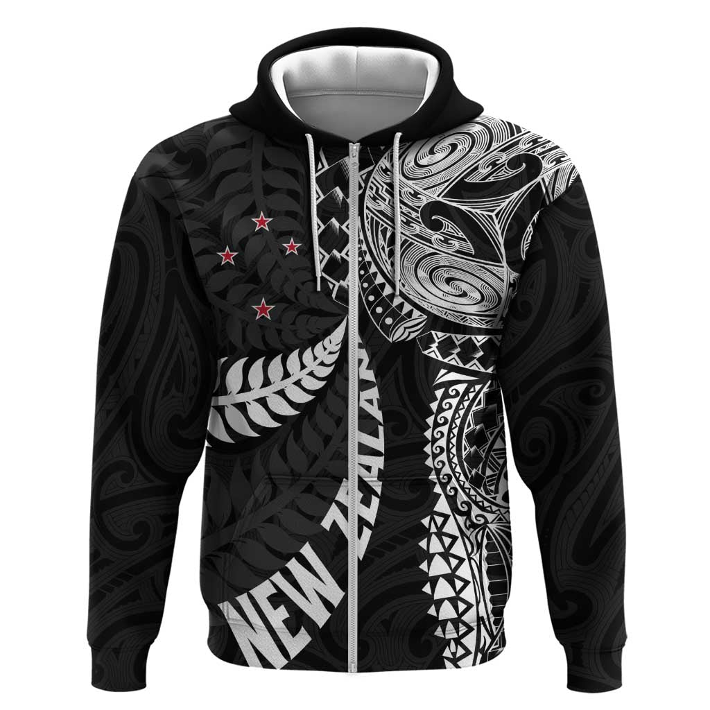 Aotearoa Volleyball Custom Zip Hoodie Silver Ferns and Maori Tribal Black LT03 Zip Hoodie Black - Polynesian Pride