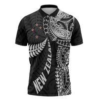Aotearoa Volleyball Custom Zipper Polo Shirt Silver Ferns and Maori Tribal Black