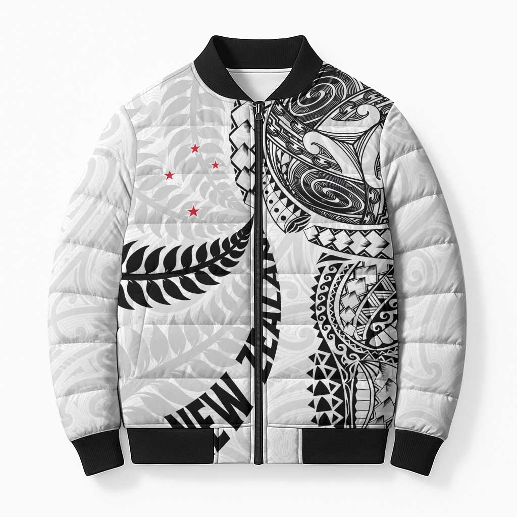 Aotearoa Volleyball Custom Bomber Puffer Jacket Silver Ferns and Maori Tribal White