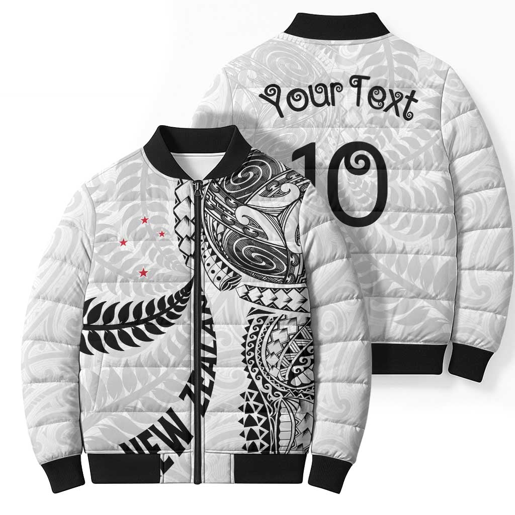 Aotearoa Volleyball Custom Bomber Puffer Jacket Silver Ferns and Maori Tribal White