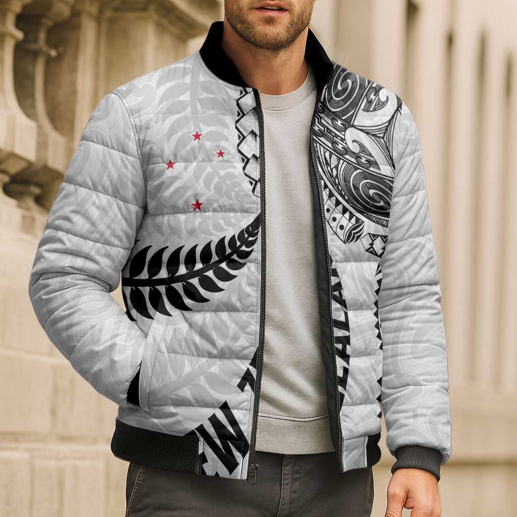 Aotearoa Volleyball Custom Bomber Puffer Jacket Silver Ferns and Maori Tribal White