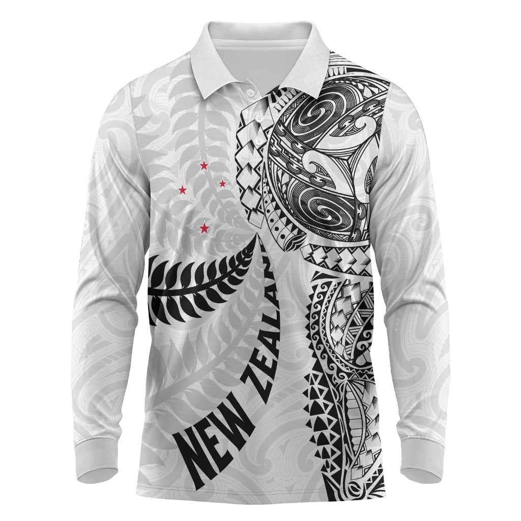 Aotearoa Volleyball Custom Long Sleeve Polo Shirt Silver Ferns and Maori Tribal White