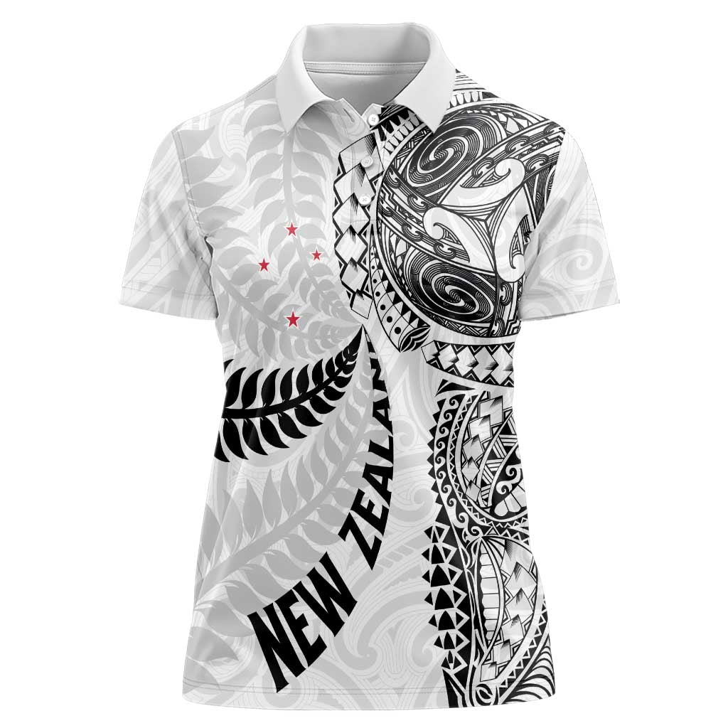 Aotearoa Volleyball Custom Women Polo Shirt Silver Ferns and Maori Tribal White