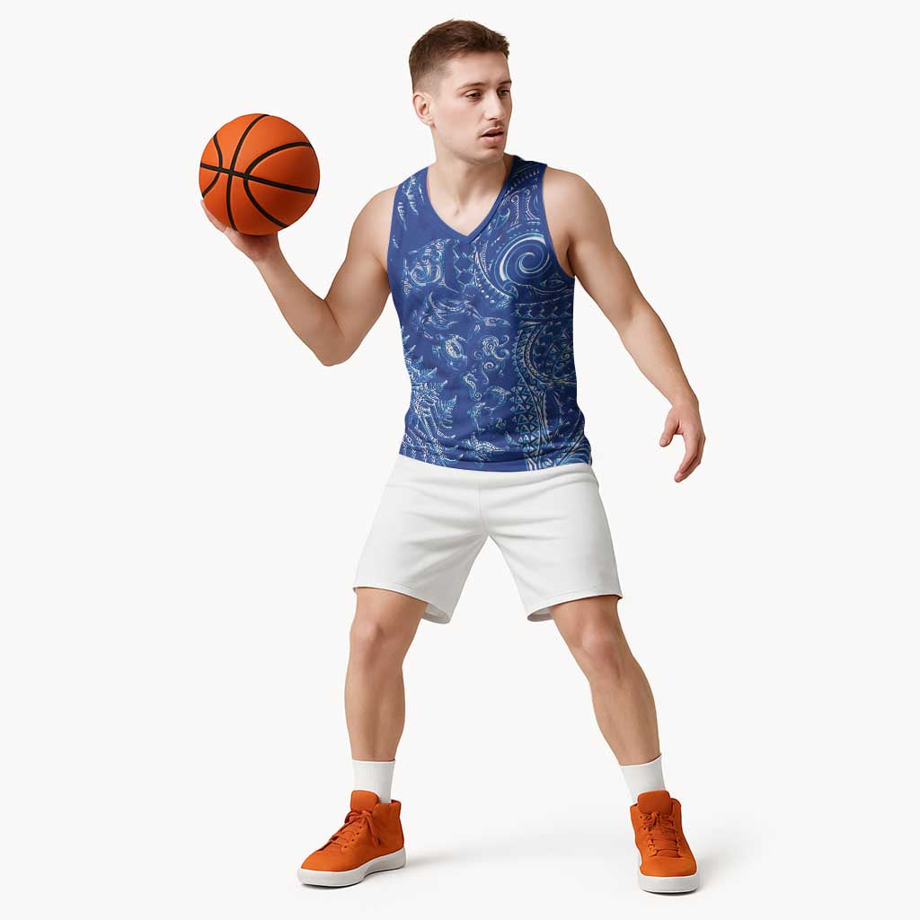 New Zealand Sea Animals Basketball Jersey with Maori Koru Tribal Tattoo and Silver Ferns Aquatic Style