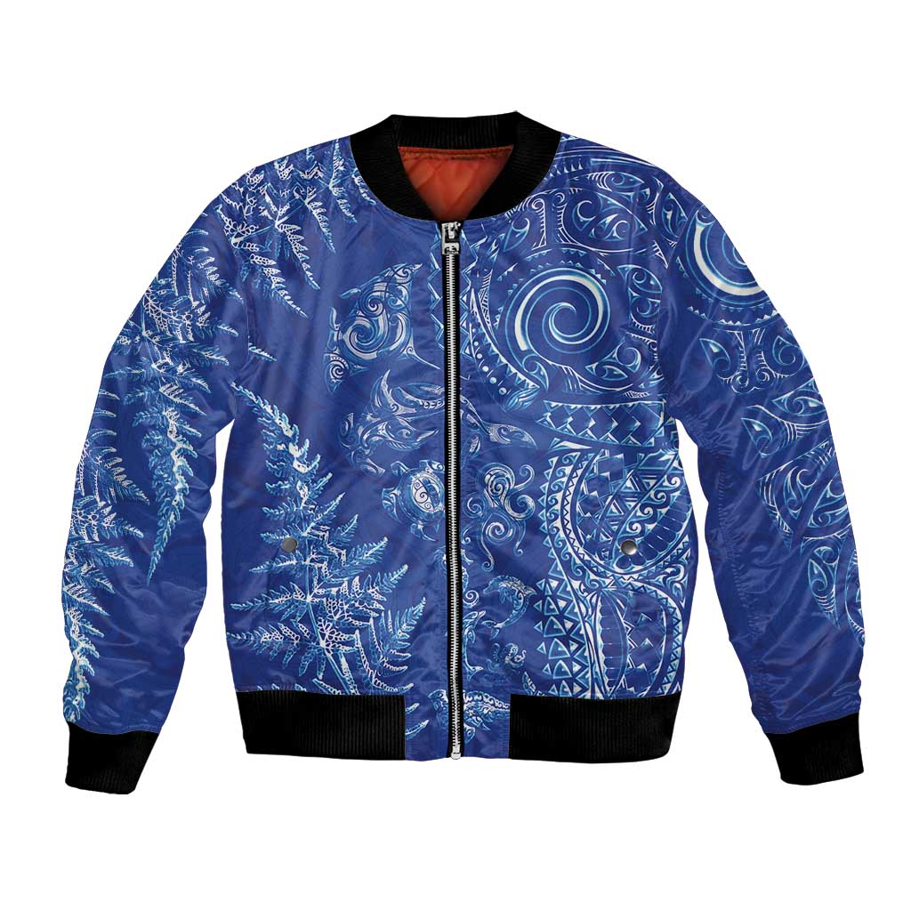 New Zealand Sea Animals Bomber Jacket with Maori Koru Tribal Tattoo and Silver Ferns Aquatic Style LT03 Unisex Navy - Polynesian Pride