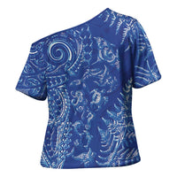 New Zealand Sea Animals Cross Shoulder Shirt with Maori Koru Tribal Tattoo and Silver Ferns Aquatic Style