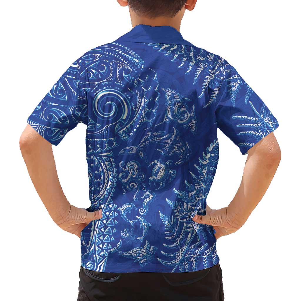 New Zealand Sea Animals Hawaiian Shirt with Maori Koru Tribal Tattoo and Silver Ferns Aquatic Style
