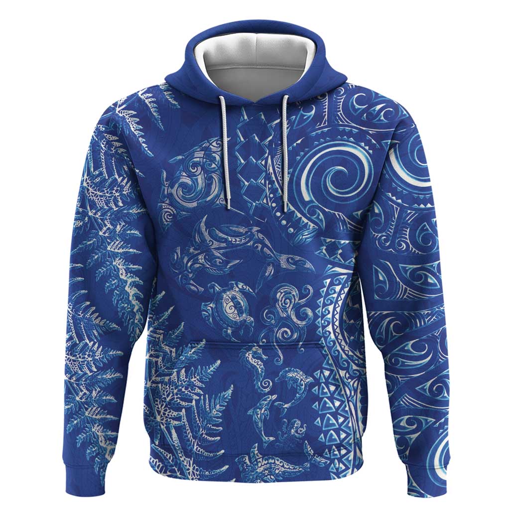New Zealand Sea Animals Hoodie with Maori Koru Tribal Tattoo and Silver Ferns Aquatic Style