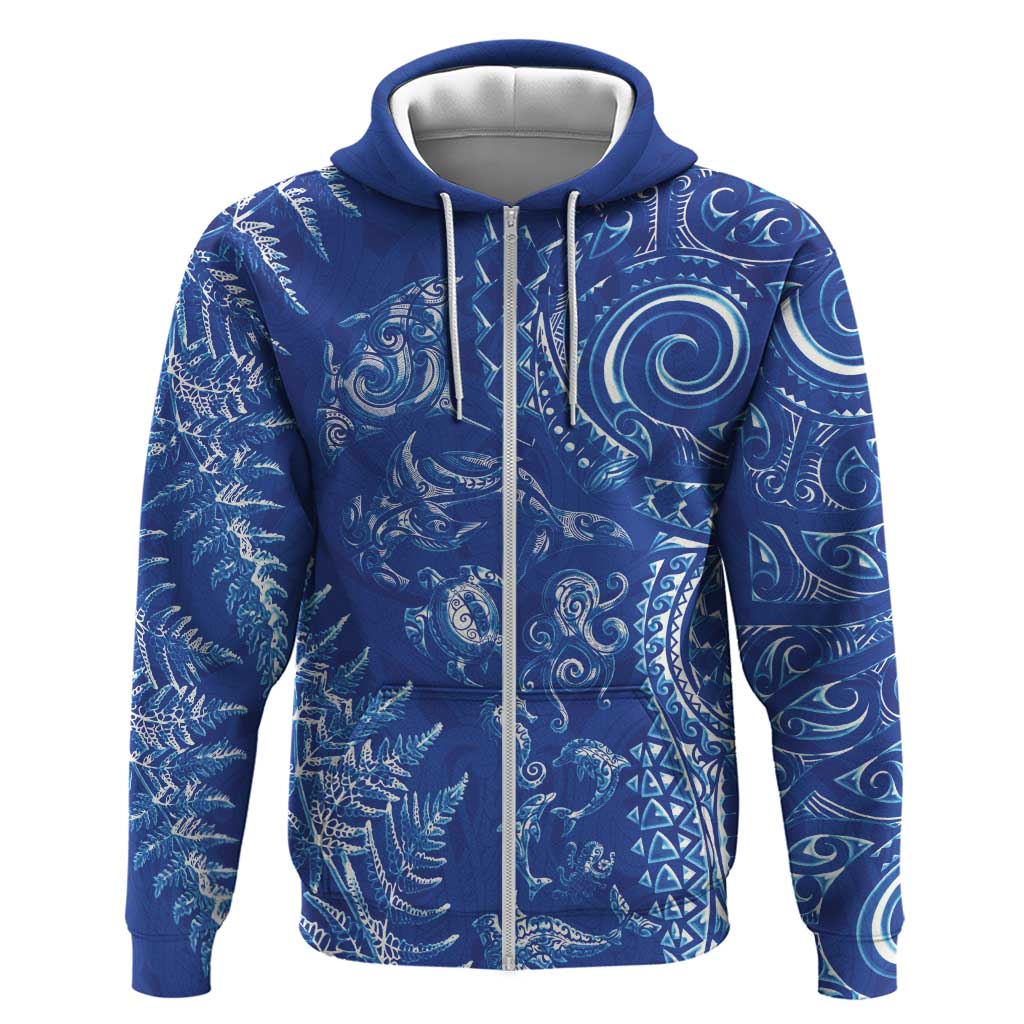 New Zealand Sea Animals Hoodie with Maori Koru Tribal Tattoo and Silver Ferns Aquatic Style LT03 Zip Hoodie Navy - Polynesian Pride