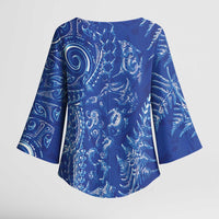 New Zealand Sea Animals Kimono Sleeve Blouse with Maori Koru Tribal Tattoo and Silver Ferns Aquatic Style