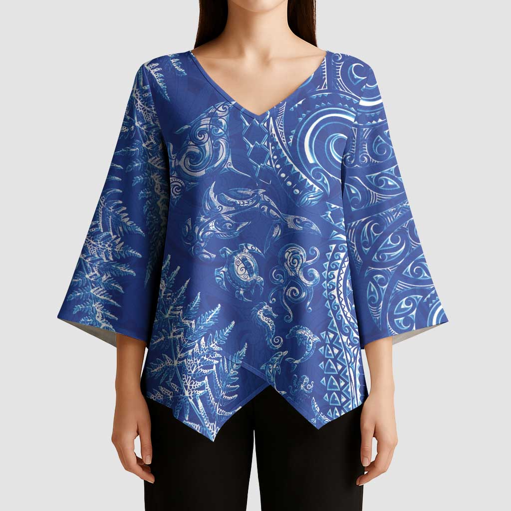 New Zealand Sea Animals Kimono Sleeve Blouse with Maori Koru Tribal Tattoo and Silver Ferns Aquatic Style