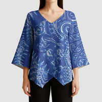 New Zealand Sea Animals Kimono Sleeve Blouse with Maori Koru Tribal Tattoo and Silver Ferns Aquatic Style