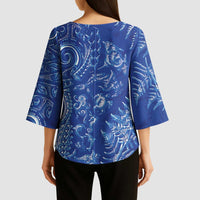 New Zealand Sea Animals Kimono Sleeve Blouse with Maori Koru Tribal Tattoo and Silver Ferns Aquatic Style