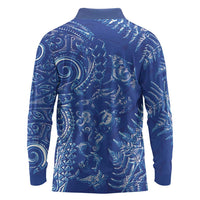 New Zealand Sea Animals Long Sleeve Polo Shirt with Maori Koru Tribal Tattoo and Silver Ferns Aquatic Style