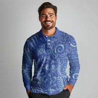 New Zealand Sea Animals Long Sleeve Polo Shirt with Maori Koru Tribal Tattoo and Silver Ferns Aquatic Style