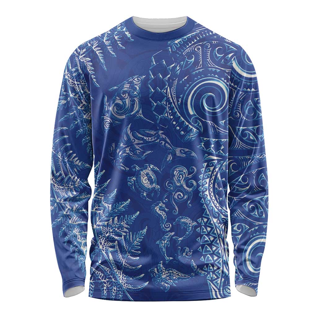 New Zealand Sea Animals Long Sleeve Shirt with Maori Koru Tribal Tattoo and Silver Ferns Aquatic Style