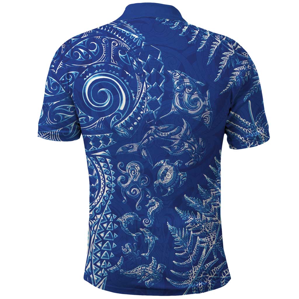 New Zealand Sea Animals Polo Shirt with Maori Koru Tribal Tattoo and Silver Ferns Aquatic Style