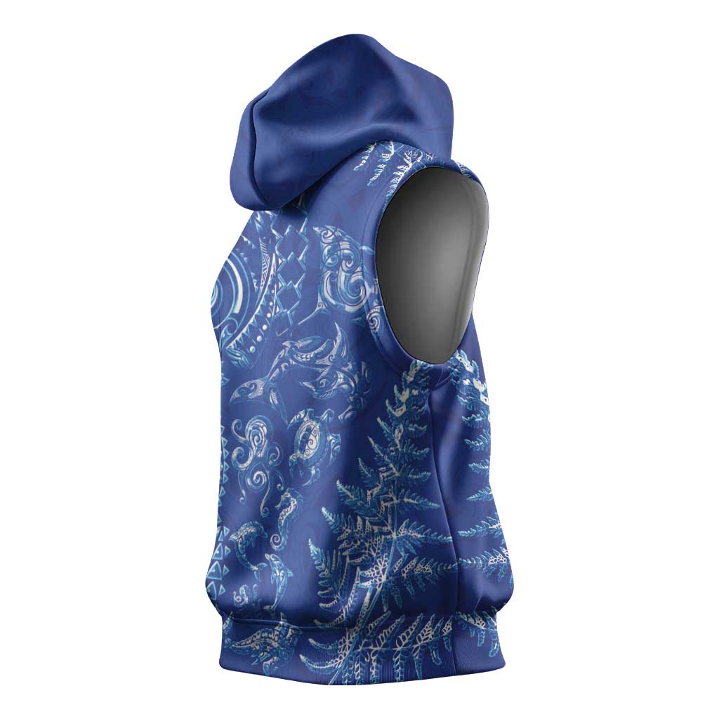 New Zealand Sea Animals Sleeveless Hoodie with Maori Koru Tribal Tattoo and Silver Ferns Aquatic Style
