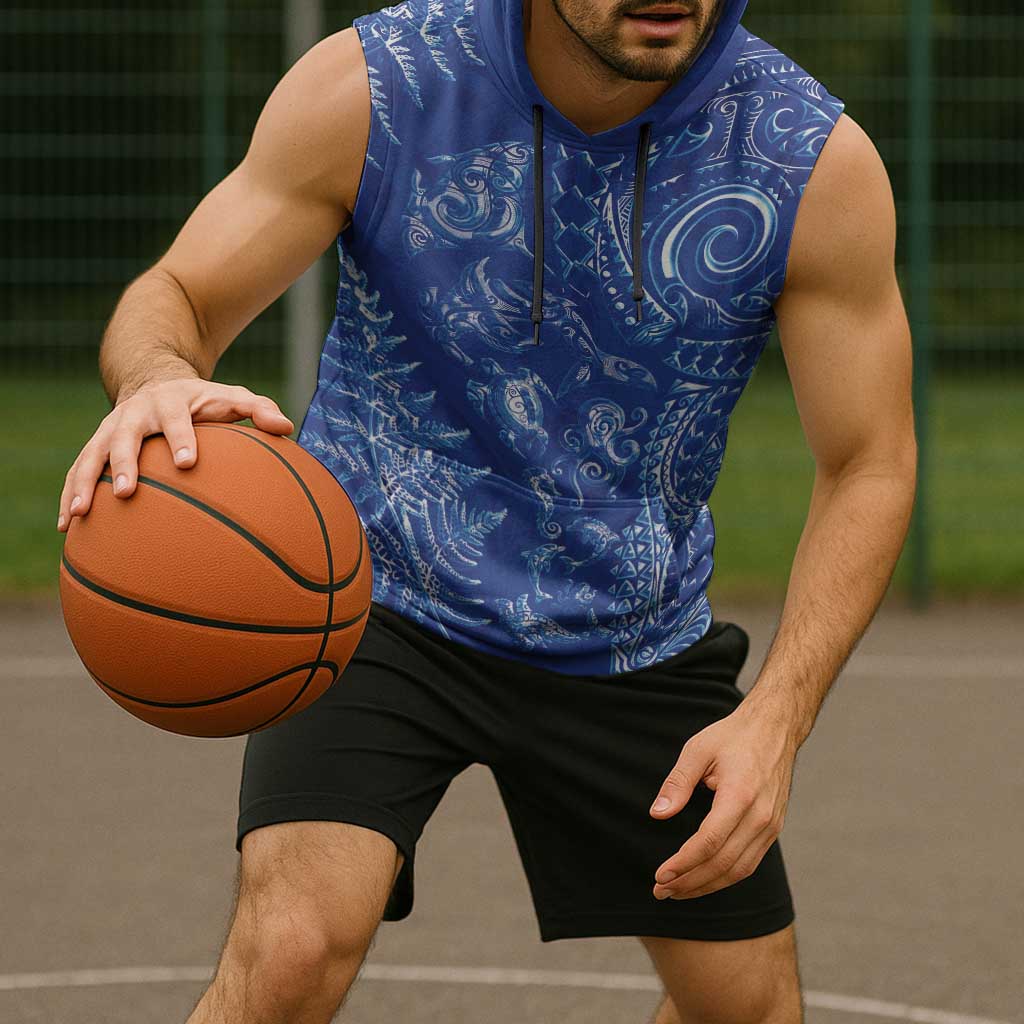 New Zealand Sea Animals Sleeveless Hoodie with Maori Koru Tribal Tattoo and Silver Ferns Aquatic Style
