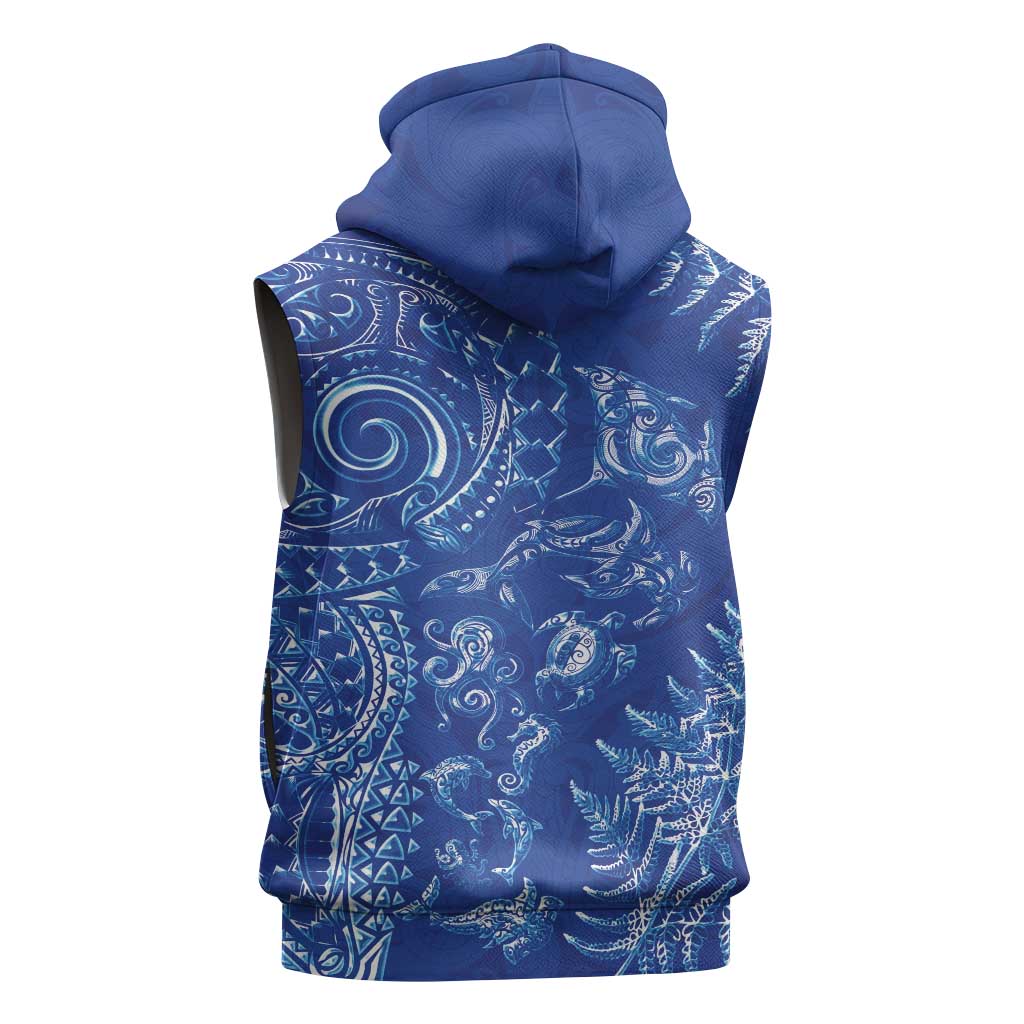 New Zealand Sea Animals Sleeveless Zip Hoodie with Maori Koru Tribal Tattoo and Silver Ferns Aquatic Style