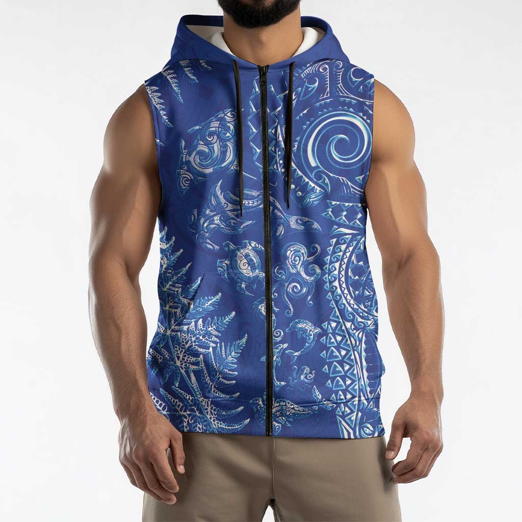 New Zealand Sea Animals Sleeveless Zip Hoodie with Maori Koru Tribal Tattoo and Silver Ferns Aquatic Style