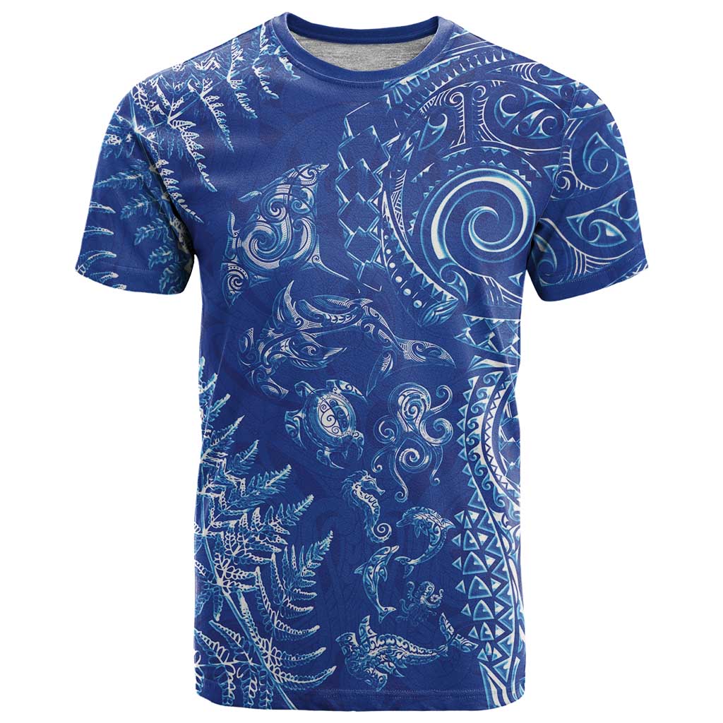 New Zealand Sea Animals T Shirt with Maori Koru Tribal Tattoo and Silver Ferns Aquatic Style
