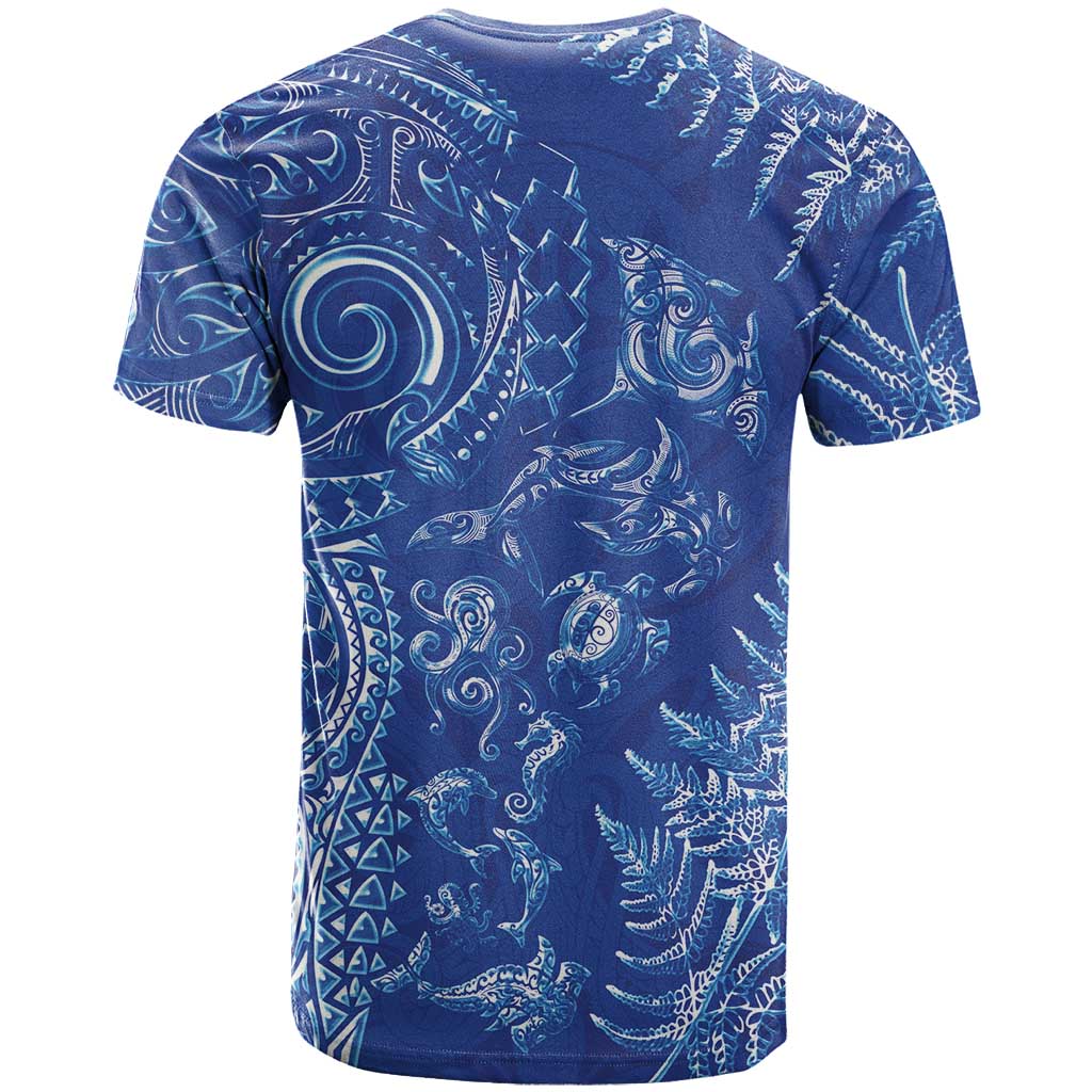 New Zealand Sea Animals T Shirt with Maori Koru Tribal Tattoo and Silver Ferns Aquatic Style