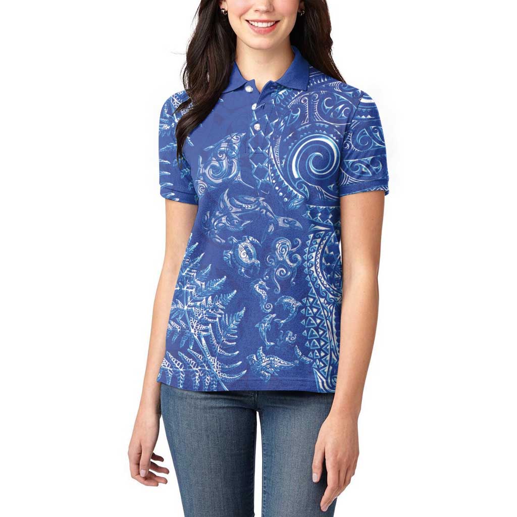 New Zealand Sea Animals Women Polo Shirt with Maori Koru Tribal Tattoo and Silver Ferns Aquatic Style