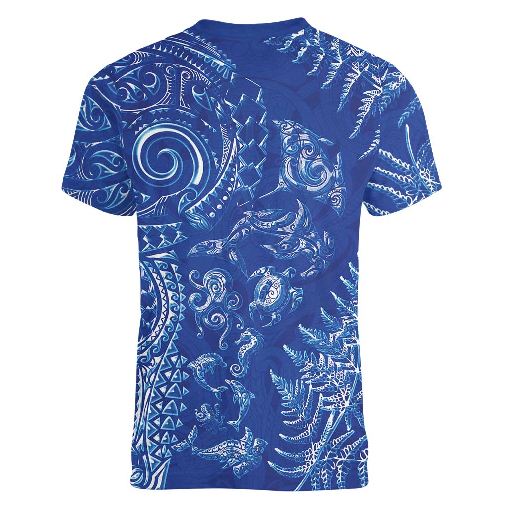 New Zealand Sea Animals Women V-Neck T-Shirt with Maori Koru Tribal Tattoo and Silver Ferns Aquatic Style