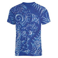 New Zealand Sea Animals Women V-Neck T-Shirt with Maori Koru Tribal Tattoo and Silver Ferns Aquatic Style