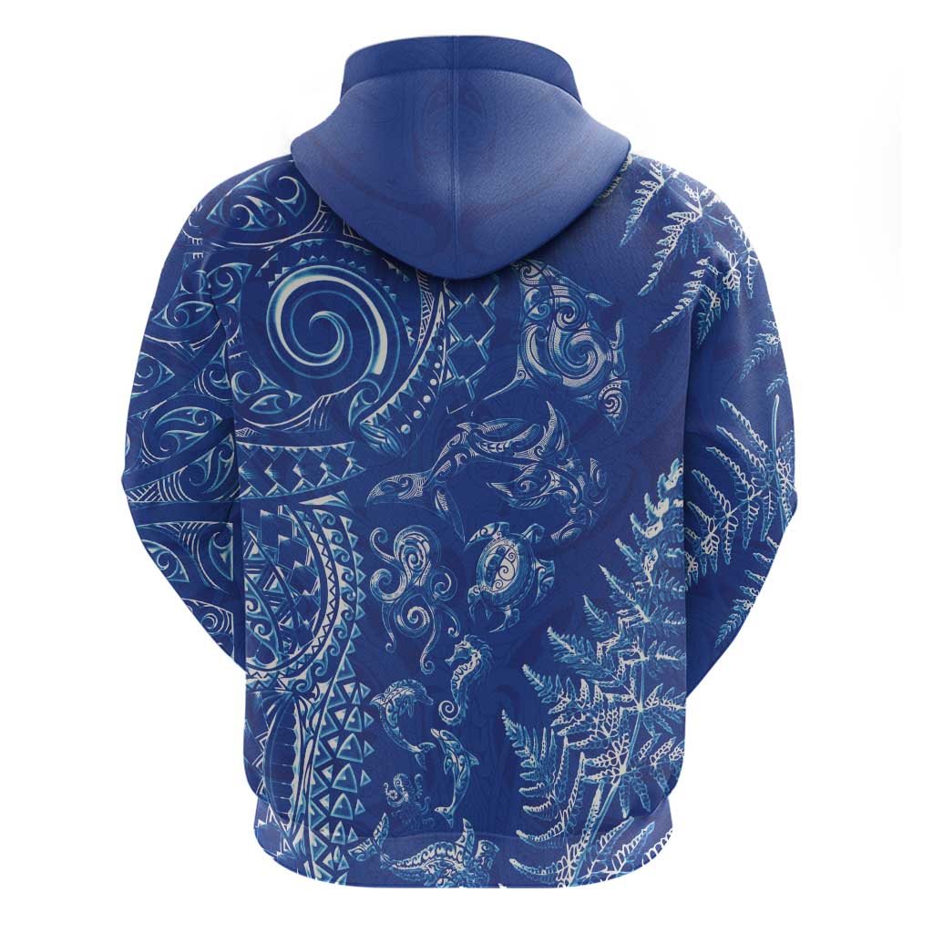 New Zealand Sea Animals Zip Hoodie with Maori Koru Tribal Tattoo and Silver Ferns Aquatic Style