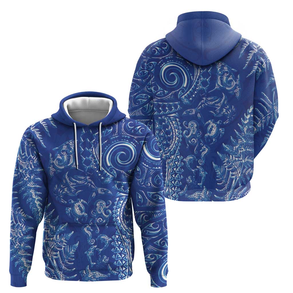 New Zealand Sea Animals Zip Hoodie with Maori Koru Tribal Tattoo and Silver Ferns Aquatic Style