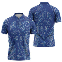 New Zealand Sea Animals Zipper Polo Shirt with Maori Koru Tribal Tattoo and Silver Ferns Aquatic Style