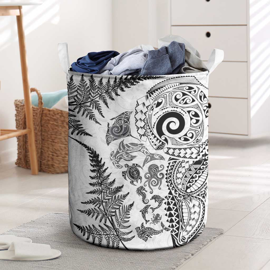 New Zealand Sea Animals Laundry Basket with Maori Koru Tribal Tattoo and Silver Ferns White Color LT03 White - Polynesian Pride