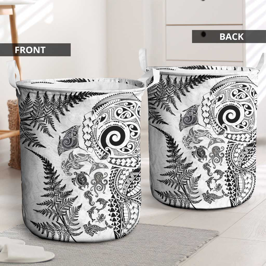 New Zealand Sea Animals Laundry Basket with Maori Koru Tribal Tattoo and Silver Ferns White Color